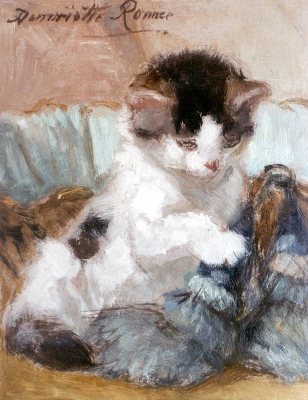 Ronner-Knip H.  | Henriette Ronner-Knip, A kitten playing, oil on paper laid down on panel 20.2 x 15.9 cm, signed u.l.