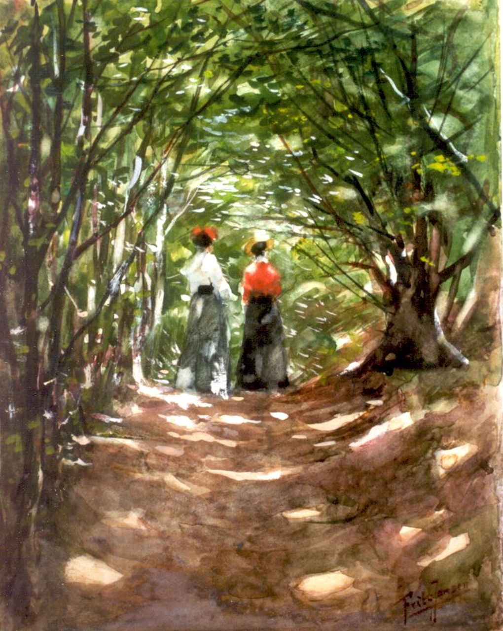 Jansen F.J.  | Frederik Johannes 'Frits' Jansen, Elegant ladies on a path, watercolour and gouache on paper 29.0 x 22.8 cm, signed l.r.