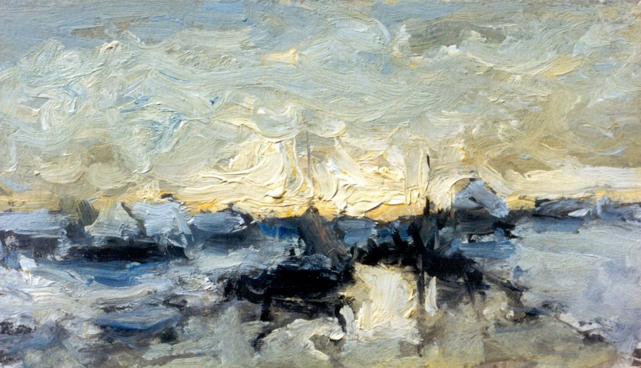 Munthe G.A.L.  | Gerhard Arij Ludwig 'Morgenstjerne' Munthe, A river landscape in winter, oil on painter's cardboard 12.4 x 21.1 cm, signed on the reverse