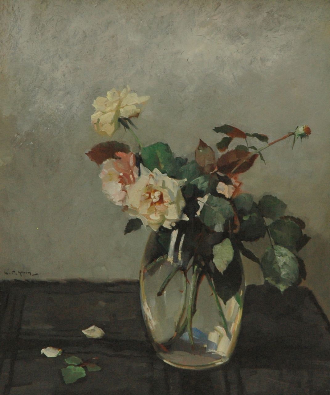 Groen H.P.  | Hendrik Pieter 'Piet' Groen, Roses in a glass vase, oil on painter's cardboard 58.1 x 49.0 cm, signed left of the middle