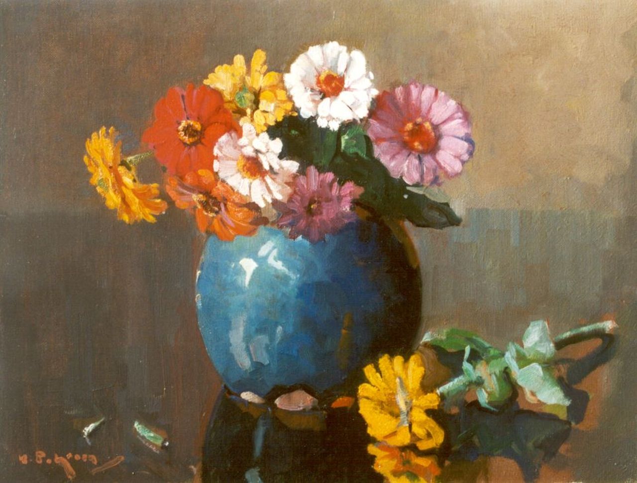 Groen H.P.  | Hendrik Pieter 'Piet' Groen, Zinnias, oil on canvas 35.5 x 45.5 cm, signed l.l.