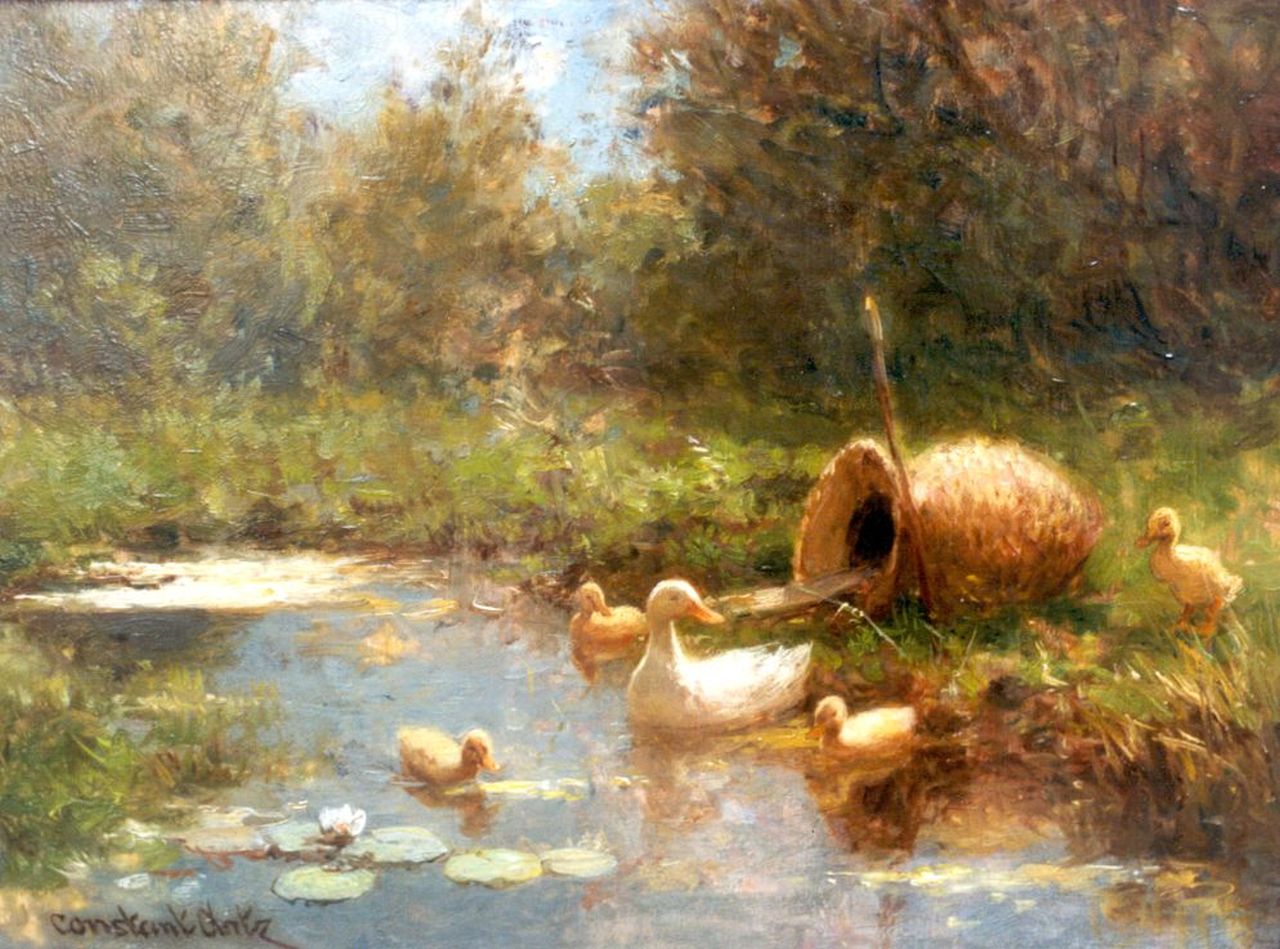 Artz C.D.L.  | 'Constant' David Ludovic Artz, Duck with ducklings on the riverbank, oil on panel 18.1 x 24.1 cm, signed l.l.