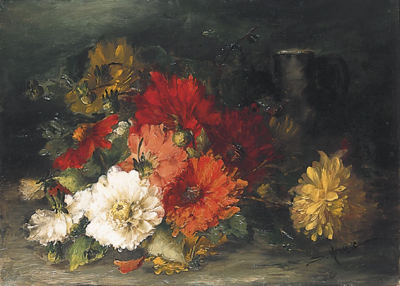 Hense S.  | Sara Hense, A still life with dahlias, oil on canvas 41.8 x 57.5 cm, signed l.r.