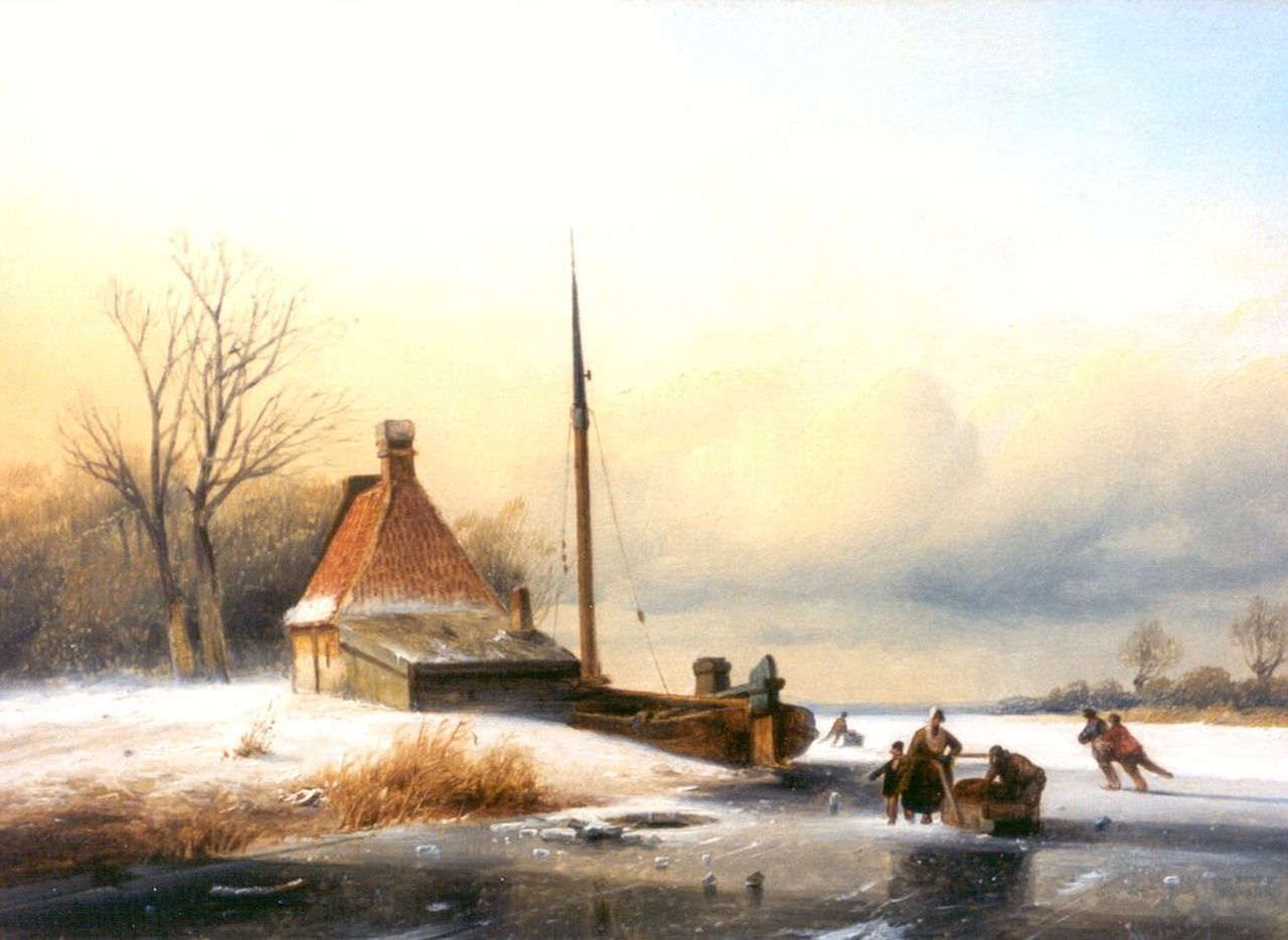 Parré M.  | Matthias Parré, A winter landscape with skaters on the ice, oil on panel 26.3 x 36.2 cm, signed l.r.