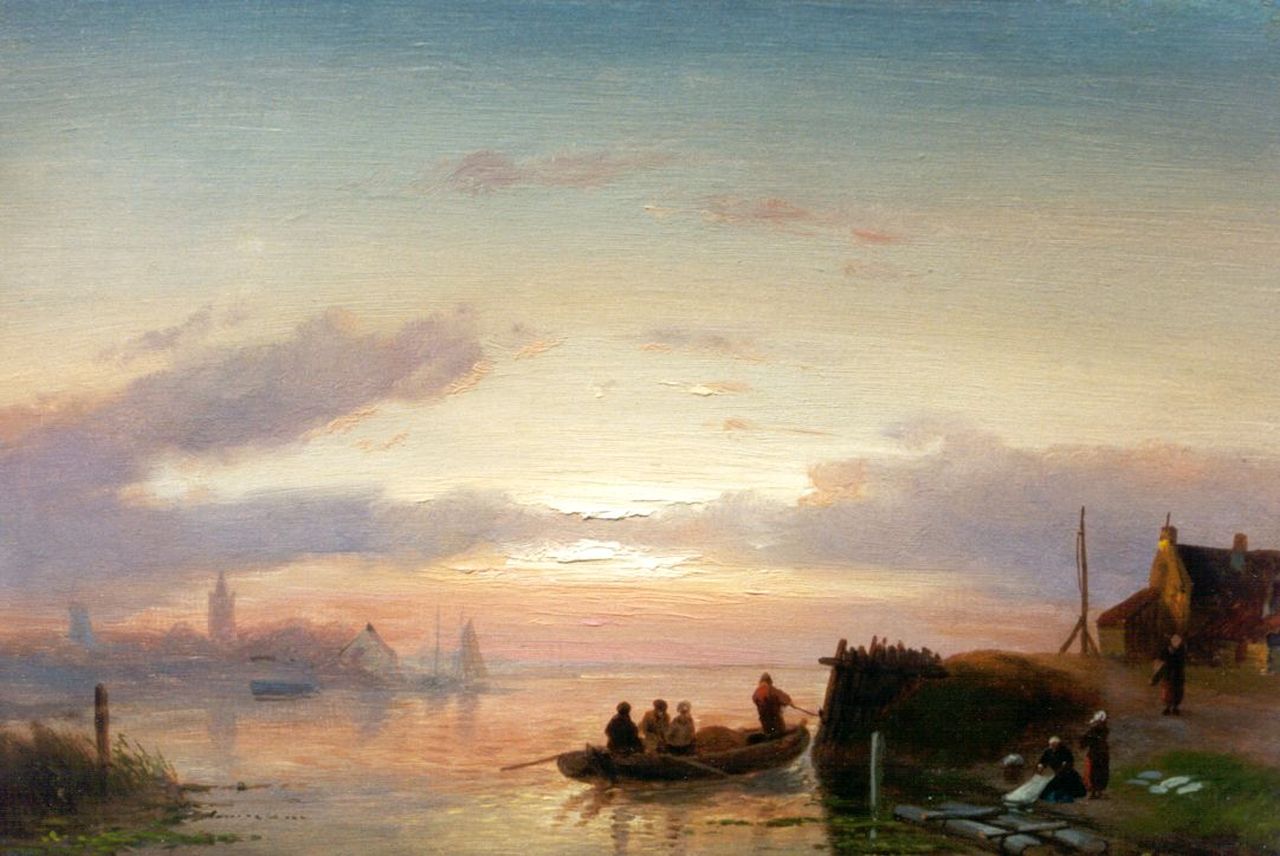 Leickert C.H.J.  | 'Charles' Henri Joseph Leickert, Evening twilight, oil on panel 22.7 x 32.4 cm, signed l.r.