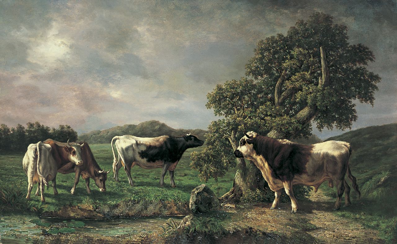 Haas J.H.L. de | Johannes Hubertus Leonardus de Haas, Cattle in a sunlit Landscape, oil on canvas 110.7 x 180.8 cm, signed l.r.