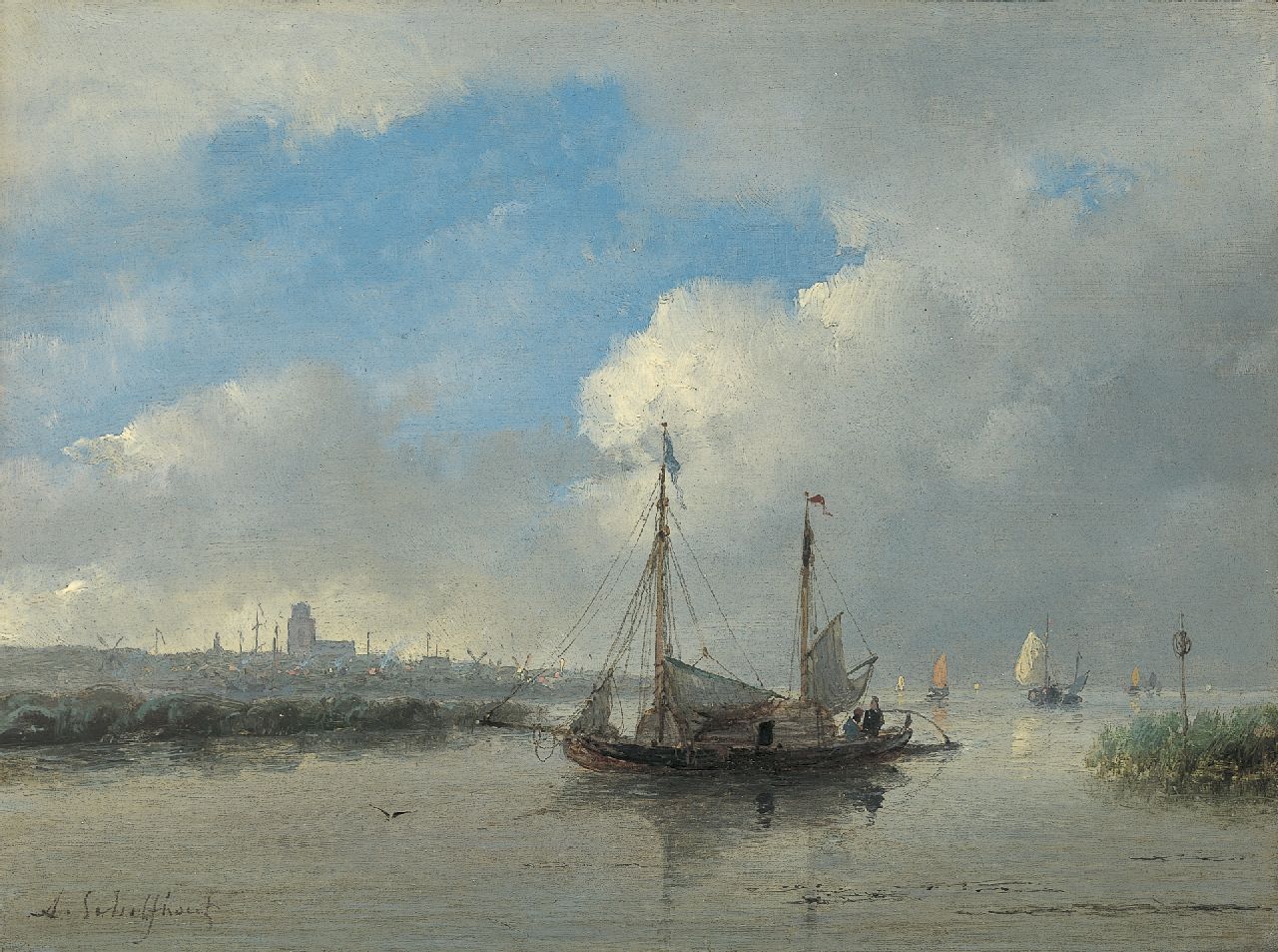 Schelfhout A.  | Andreas Schelfhout, Shipping on the river Merwede, Dordrecht, oil on panel 17.8 x 24.0 cm, signed l.l.