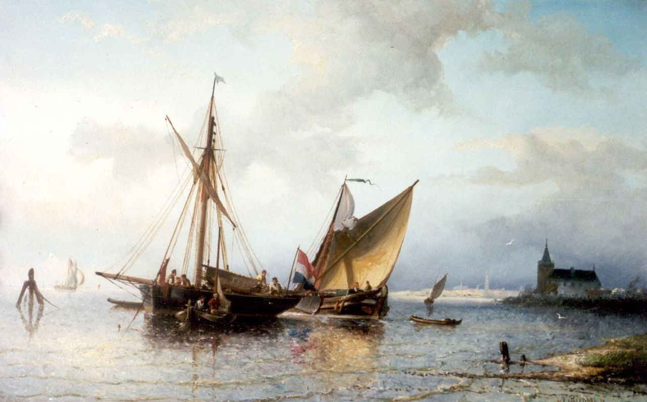 Riegen N.  | Nicolaas Riegen, Shipping in a calm, oil on panel 28.0 x 43.7 cm, signed u.r.