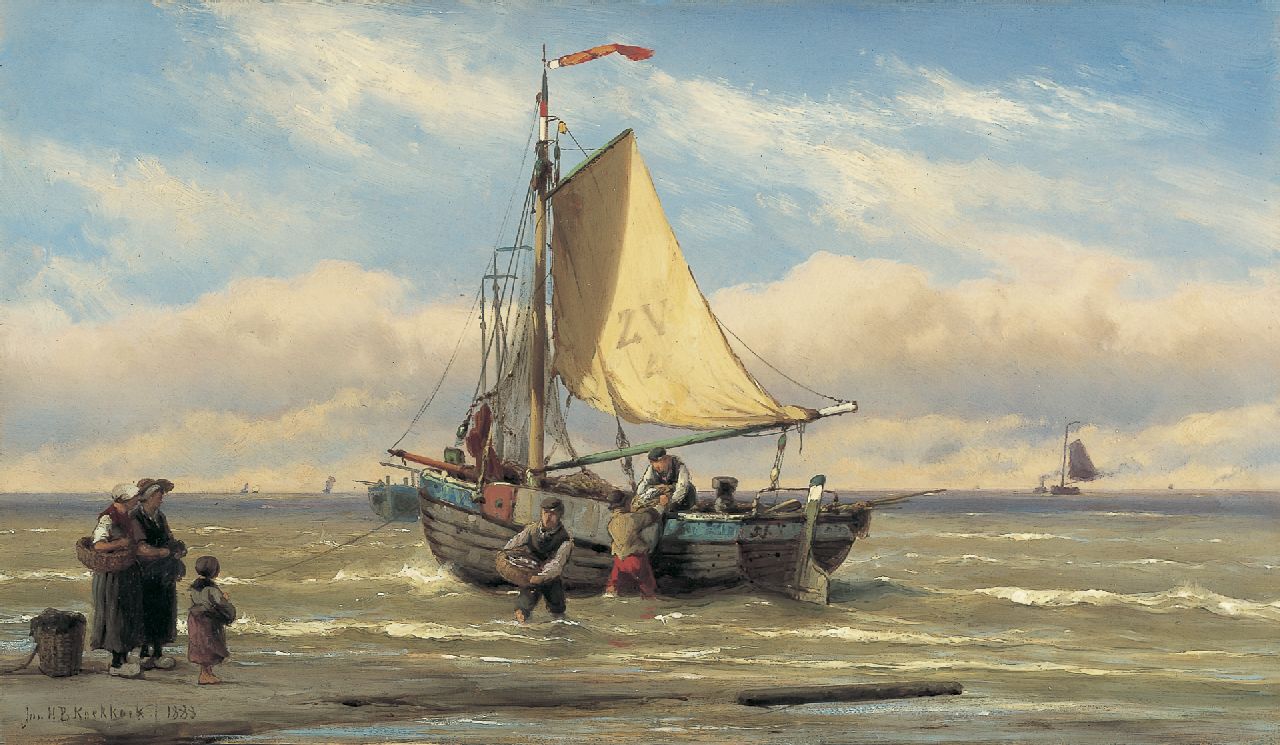 Koekkoek J.H.B.  | Johannes Hermanus Barend 'Jan H.B.' Koekkoek, Unloading the catch, Zandvoort, oil on panel 24.3 x 42.0 cm, signed l.l. and on the reverse and dated 1888