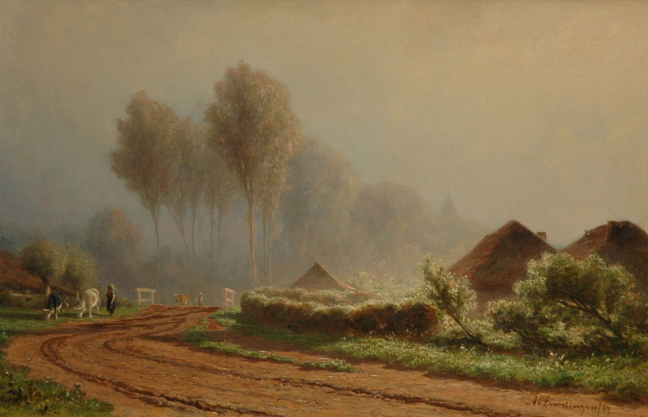 Everdingen A. van | Adrianus van Everdingen, A sand path near a farm, oil on panel 33.0 x 50.7 cm, signed l.r. and dated '67