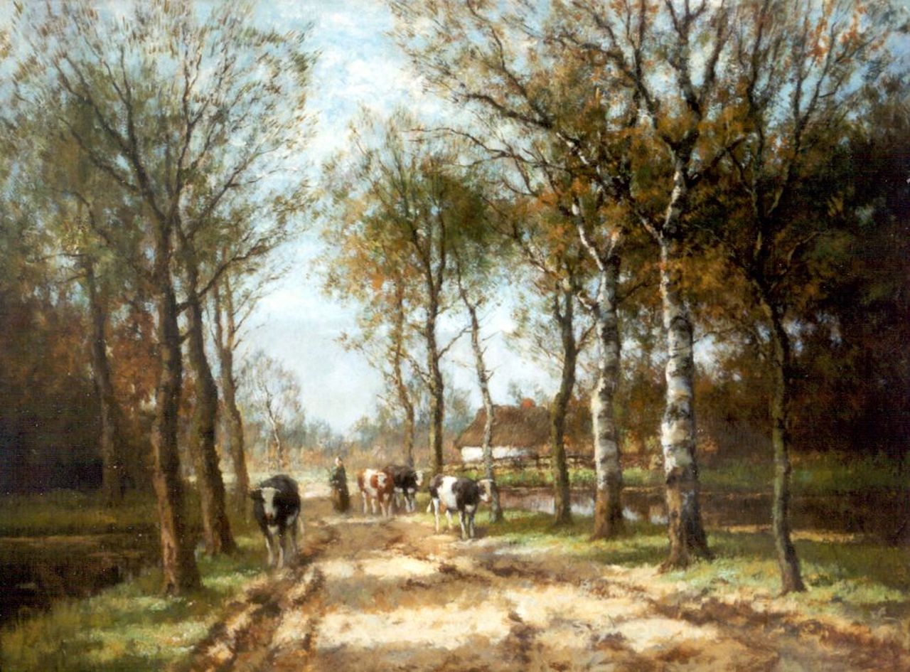 Bouter C.W.  | Cornelis Wouter 'Cor' Bouter, A farmgirl with cattle on a country lane, oil on canvas 60.2 x 80.5 cm, signed l.l.  'C. Verschuur'