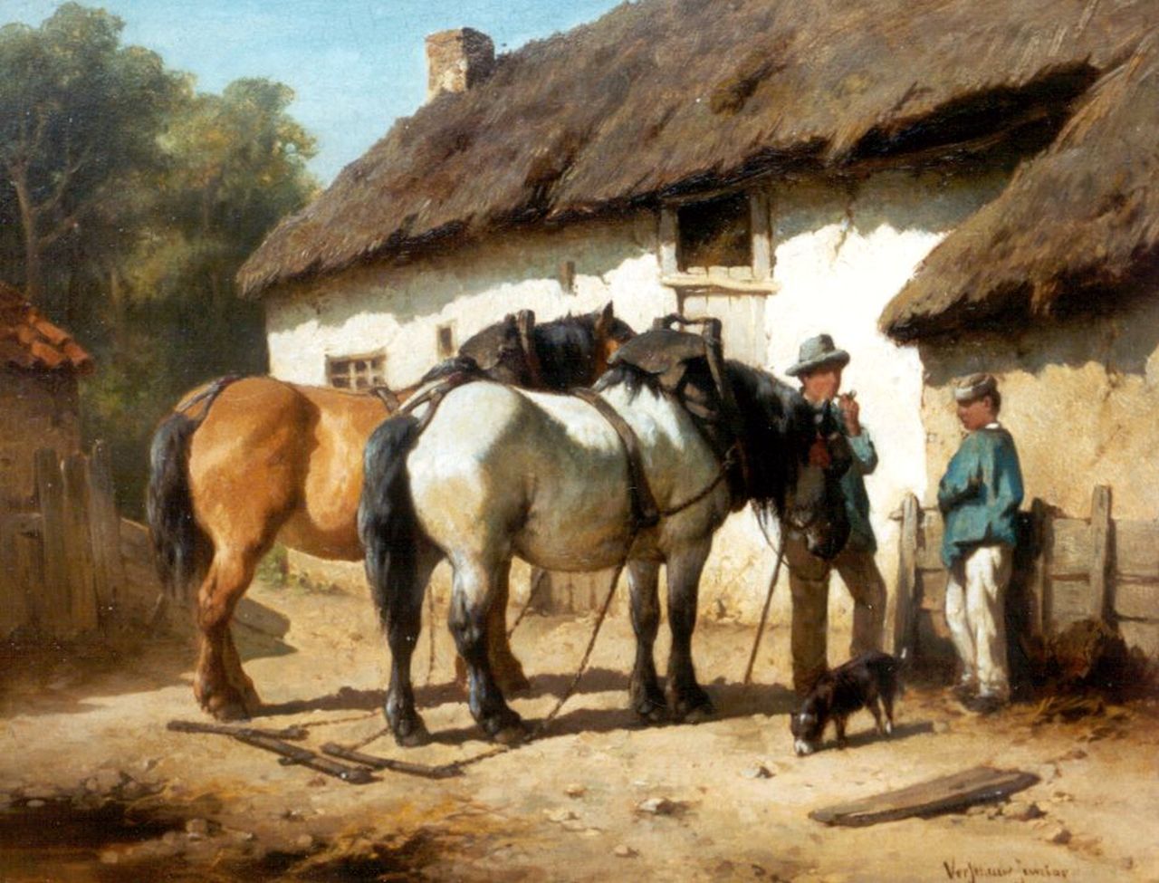 Verschuur jr. W.  | Wouter Verschuur jr., Horses on a yard, oil on panel 23.5 x 30.3 cm, signed l.r.