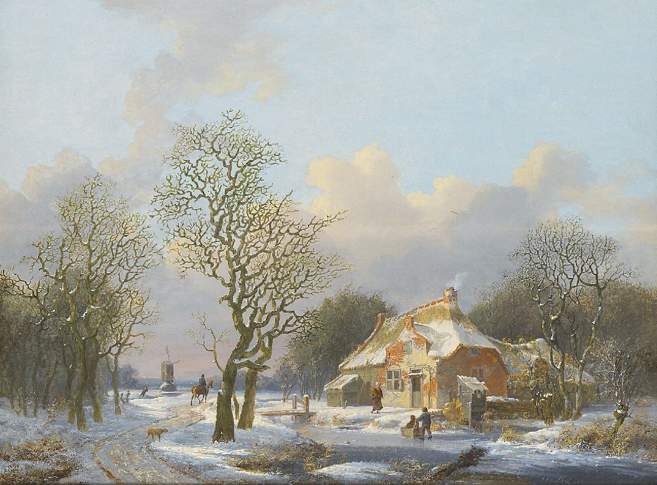 Stok J. van der | Jacobus van der Stok, A winter landscape with figures near a farmstead, oil on panel 38.0 x 49.7 cm, signed l.r.