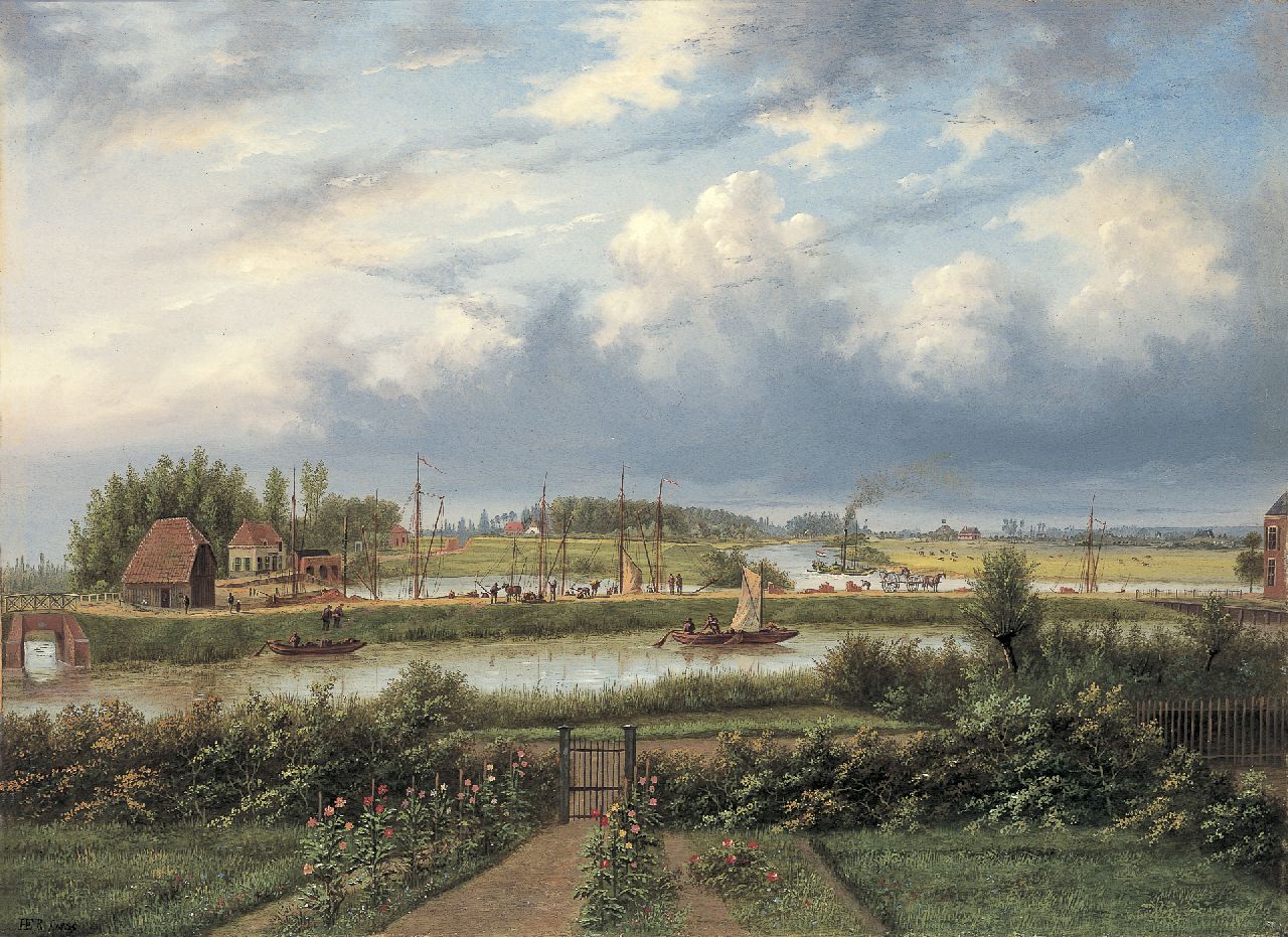 Hermanus Everhardus Rademaker | The harbour of Doesburg, oil on panel, 40.0 x 54.7 cm, signed l.l. with monogram and dated 1855