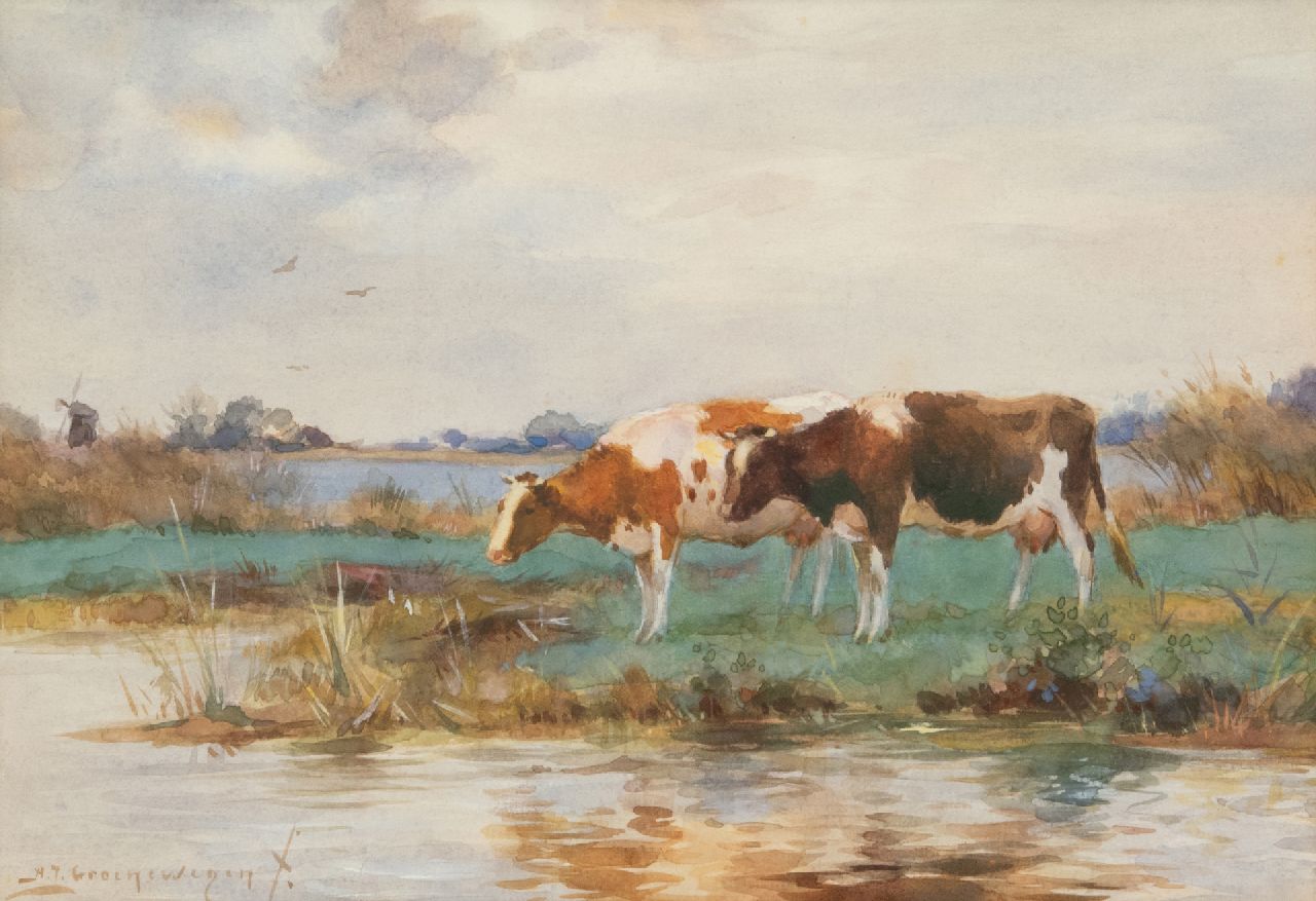 Groenewegen A.J.  | Adrianus Johannes Groenewegen | Watercolours and drawings offered for sale | Drinking cattle, watercolour on paper 18.0 x 25.5 cm, signed l.l.