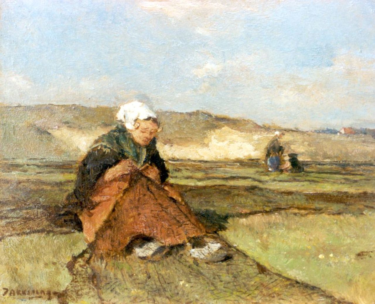 Akkeringa J.E.H.  | 'Johannes Evert' Hendrik Akkeringa, Mending nets in the dunes, oil on panel 14.5 x 17.1 cm, signed l.l.