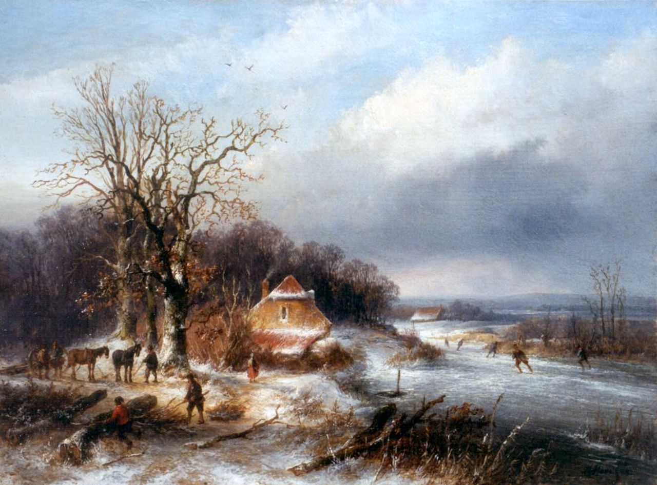 Hans J.G.  | Josephus Gerardus Hans, A winter landscape with skaters on the ice, oil on panel 23.3 x 31.5 cm, signed l.r. and dated '55