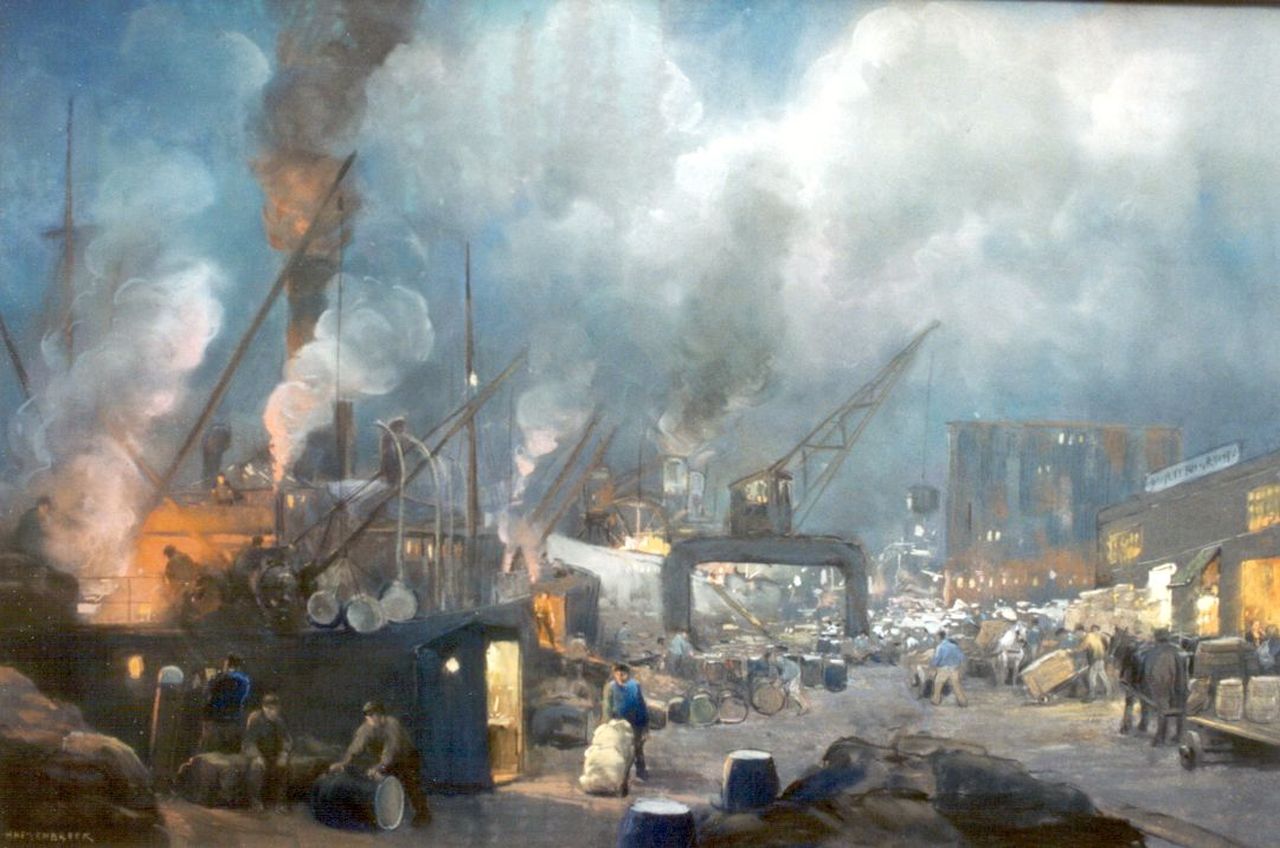 Heijenbrock J.C.H.  | Johan Coenraad Hermann 'Herman' Heijenbrock, Loading port, pastel on paper 62.5 x 95.0 cm, signed l.l.