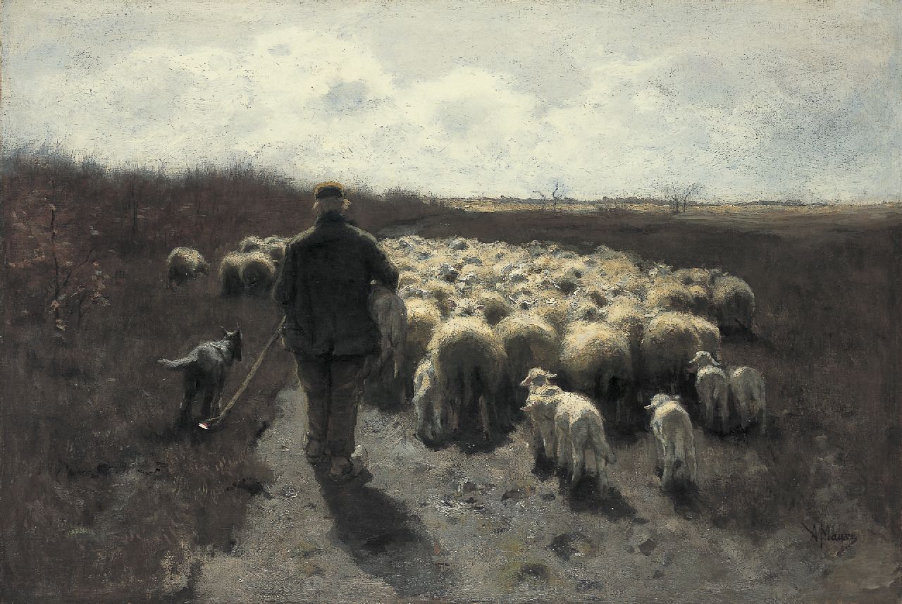 Mauve A.  | Anthonij 'Anton' Mauve, A shepherd with his flock, oil on canvas 65.0 x 96.5 cm, signed l.r.