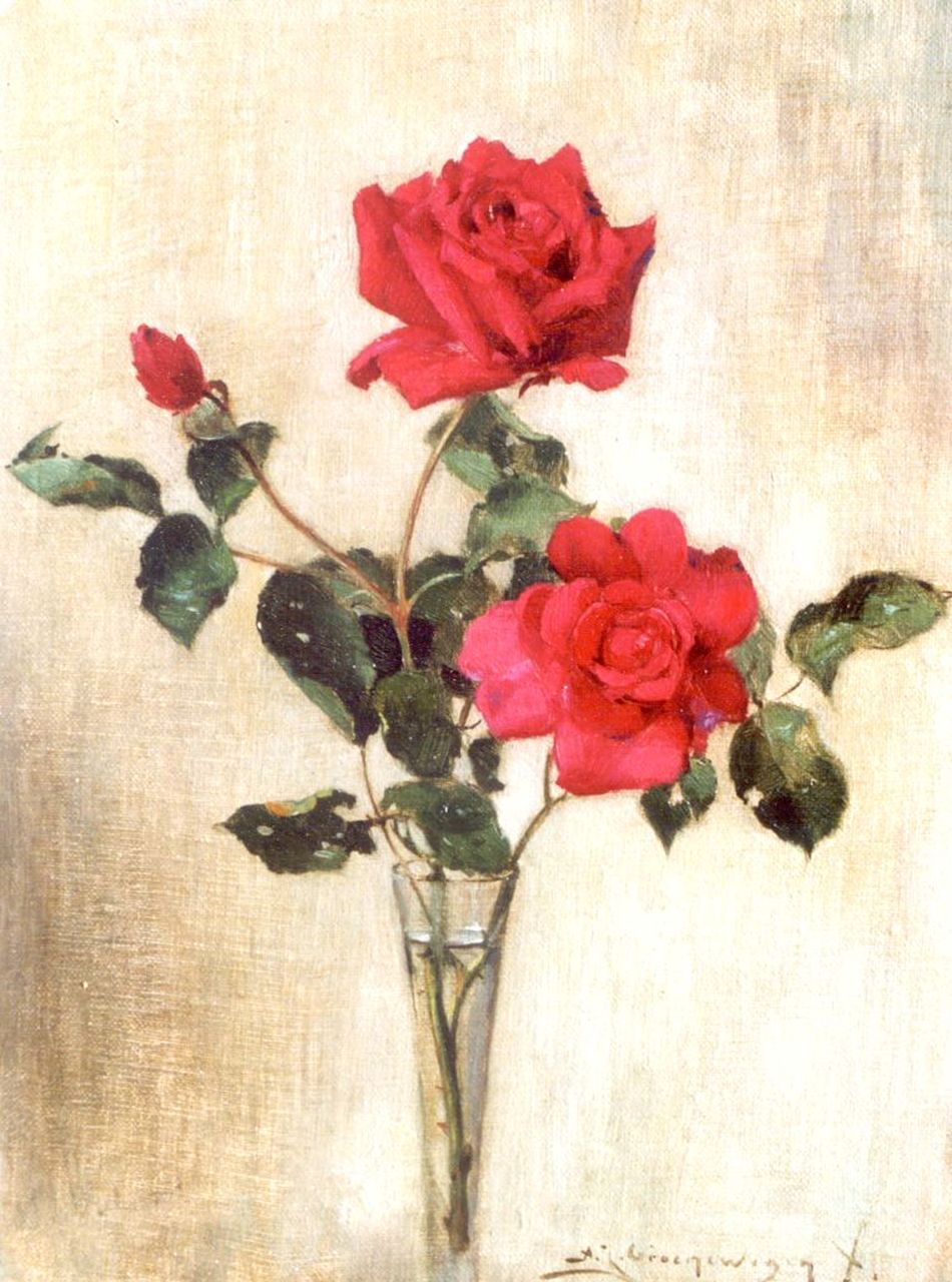 Groenewegen A.J.  | Adrianus Johannes Groenewegen, Red roses in a glass vase, oil on canvas laid down on panel 33.6 x 25.5 cm, signed signed l.r.