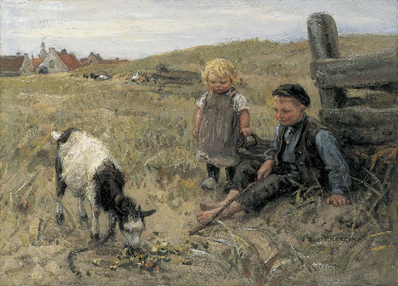 Zoetelief Tromp J.  | Johannes 'Jan' Zoetelief Tromp, Feeding the goat, oil on canvas 38.2 x 52.5 cm, signed l.r.