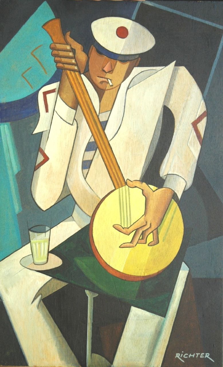 Richter A.  | Aurel Richter, Sailor with a banjo, oil on panel 47.3 x 29.2 cm, signed l.r.