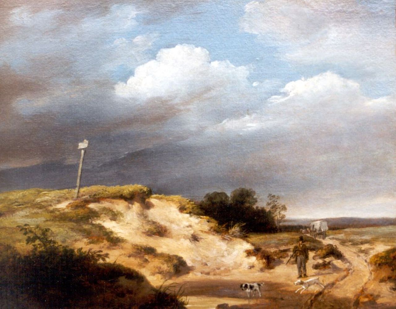 Schelfhout A.  | Andreas Schelfhout, A hunter in a dune landscape, oil on panel 18.4 x 22.7 cm, signed l.r. and painted circa 1820