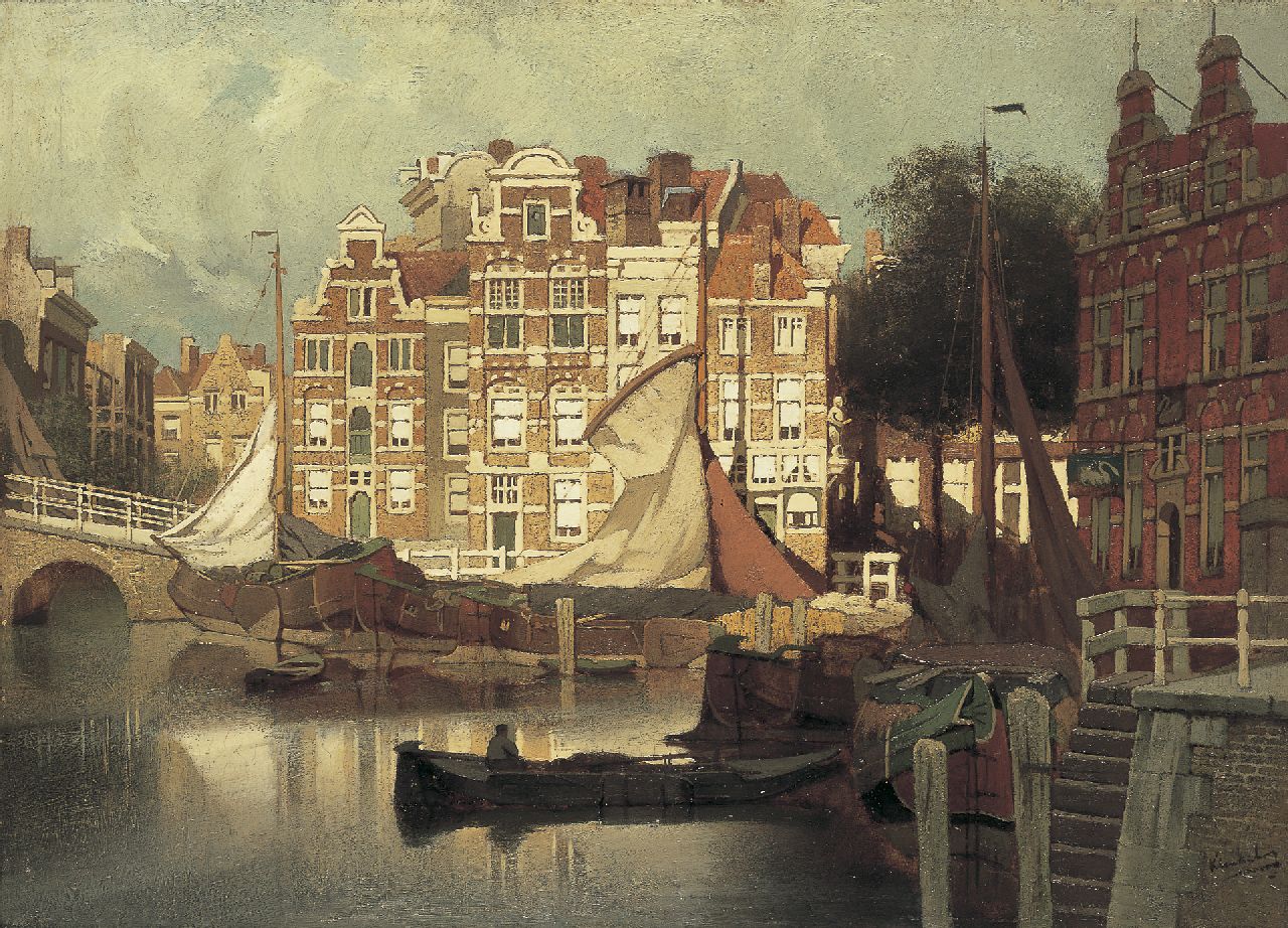 Klinkenberg J.C.K.  | Johannes Christiaan Karel Klinkenberg, A view of the Blaak and the Leuvehaven in Rotterdam, oil on panel 32.7 x 45.0 cm, signed l.r.