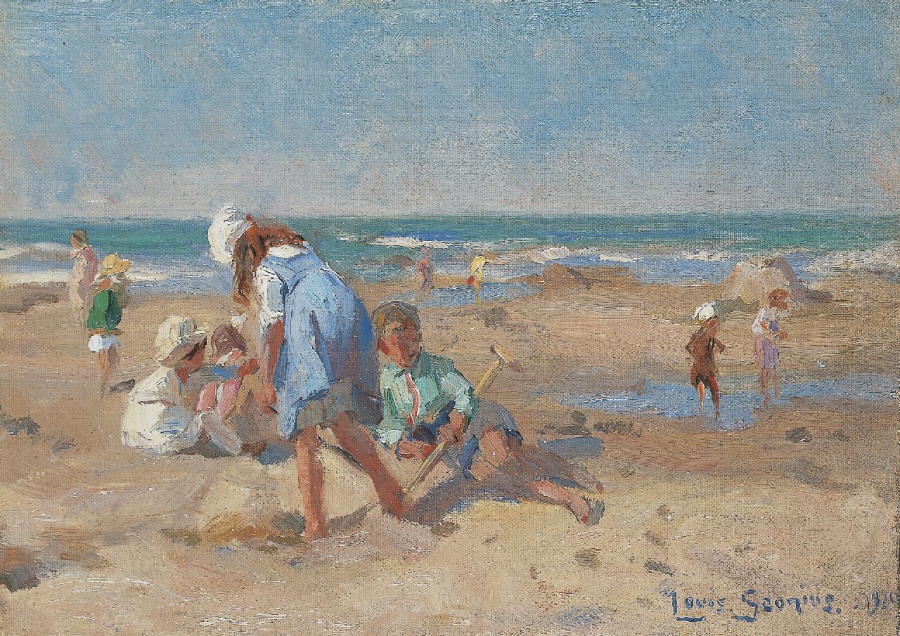 Soonius L.  | Lodewijk 'Louis' Soonius, Children playing on the beach, oil on canvas laid down on panel 18.4 x 24.1 cm, signed l.r. and dated 1920