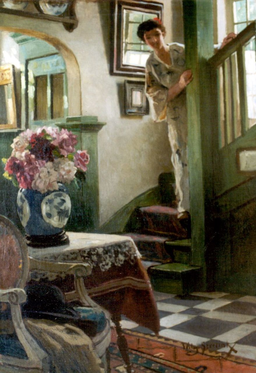 Steelink jr. W.  | Willem Steelink jr., An elegant lady on a stair-case, oil on canvas 78.5 x 55.0 cm, signed l.r.