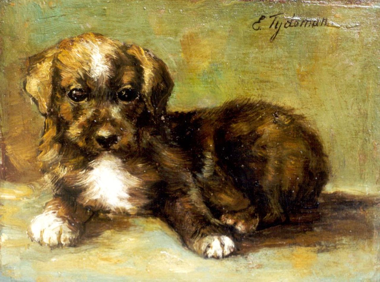 Tijdeman E.M.  | Ernestine Marie 'Dé' Tijdeman, A puppy, oil on panel 14.5 x 19.2 cm, signed u.r.