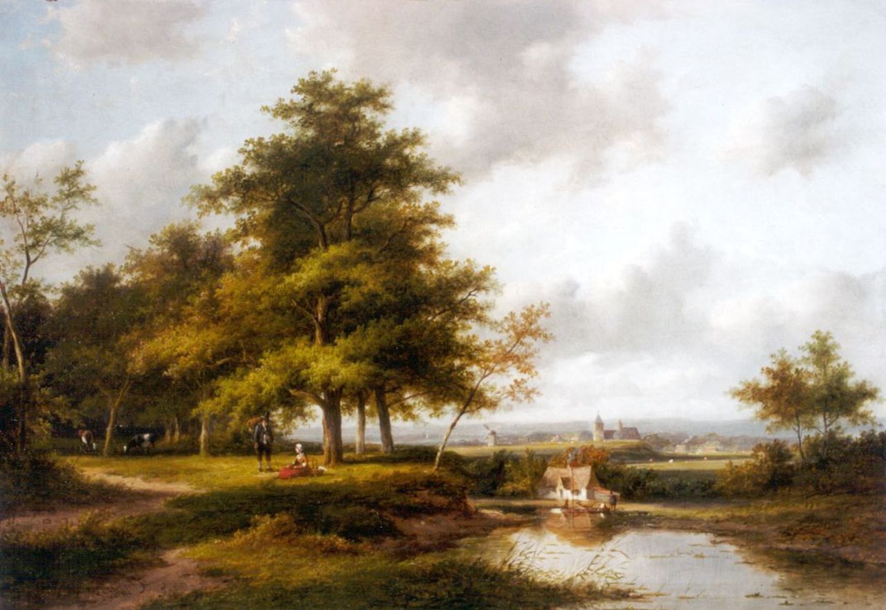 Morel II J.E.  | Jan Evert Morel II, A panoramic landscape with travellers resting, oil on panel 35.3 x 50.9 cm, signed l.l.