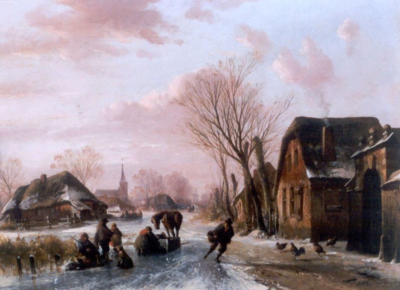 Wayen Pieterszen A. van der | Abraham van der Wayen Pieterszen, Skaters on a frozen waterway, oil on panel 36.9 x 50.1 cm, signed l.r. and dated '69
