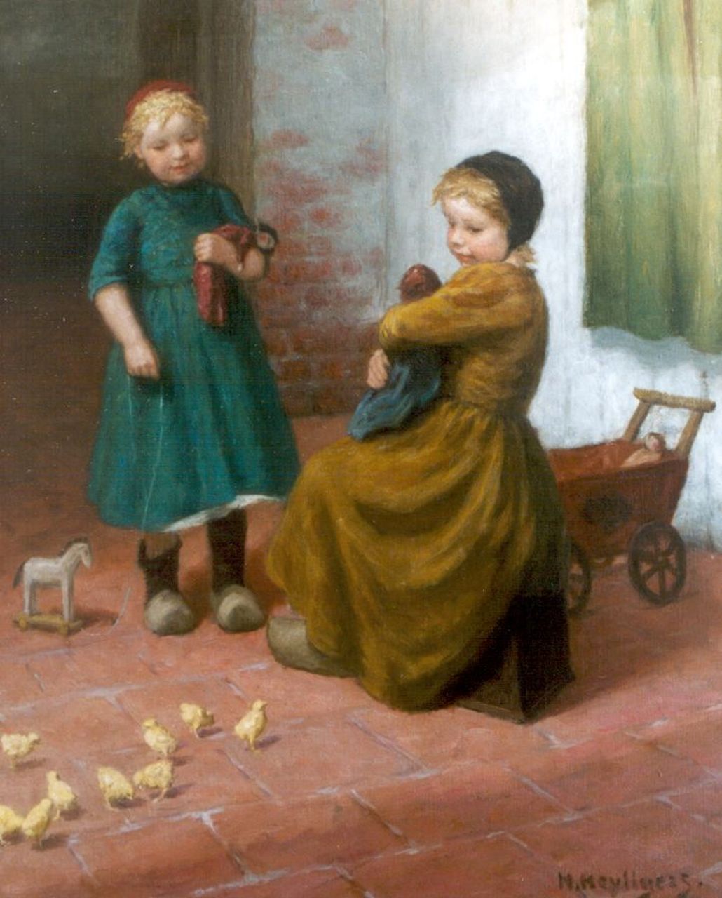 Heijligers H.  | Hendrik 'Henri' Heijligers, Children playing with chicks, oil on canvas 73.5 x 59.4 cm, signed l.r.