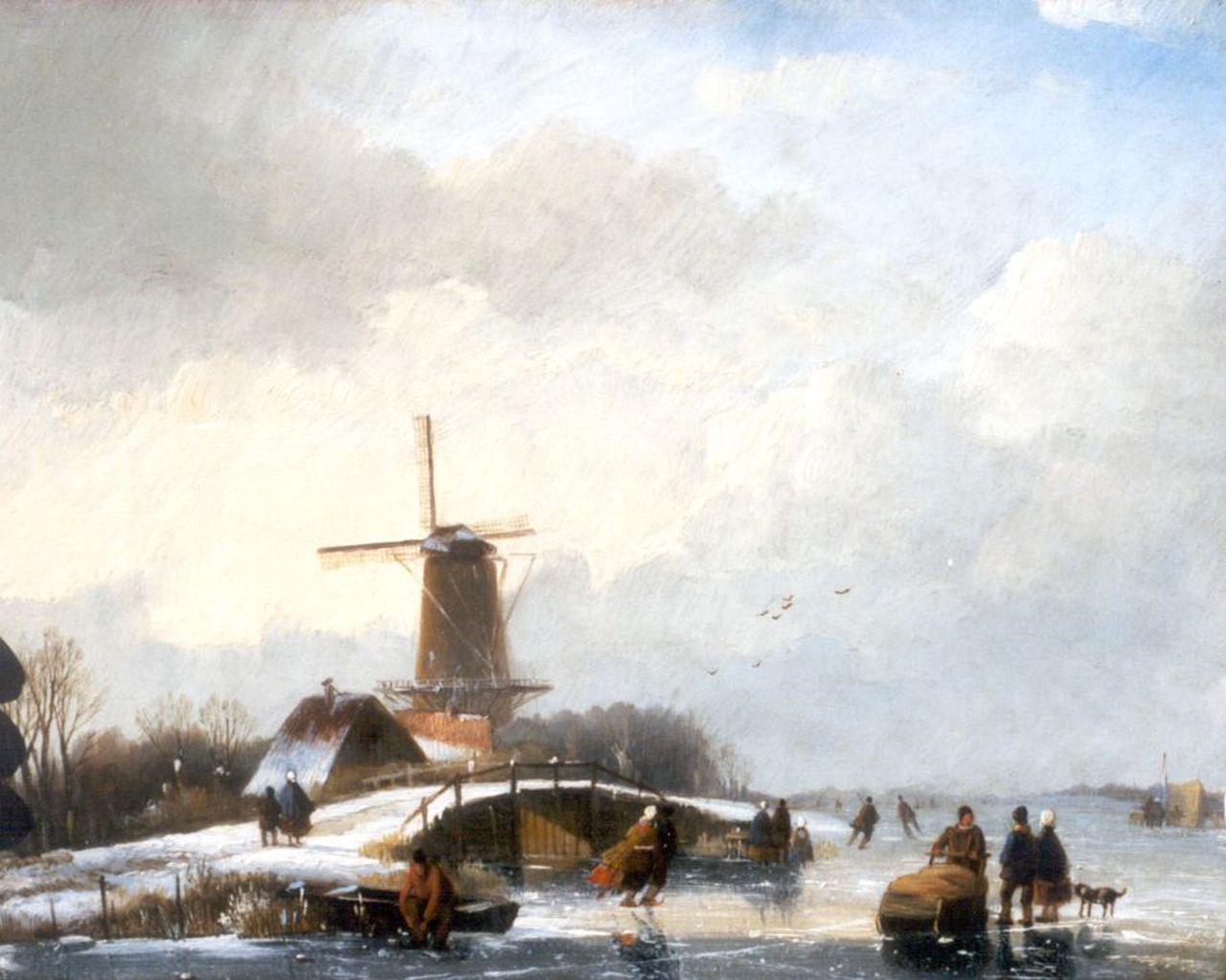 Spohler J.J.  | Jan Jacob Spohler, A winter landscape with skaters by a windmill, oil on panel 20.1 x 25.0 cm, signed l.l. and painted between 1830-1840