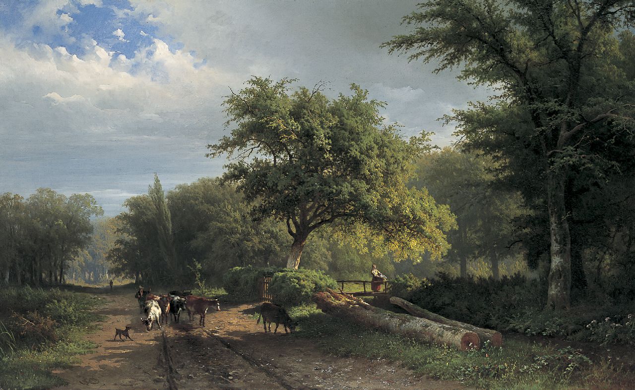 Roth G.A.  | George Andries Roth, A cowherd on a country road, oil on canvas 61.5 x 100.2 cm, signed l.l.