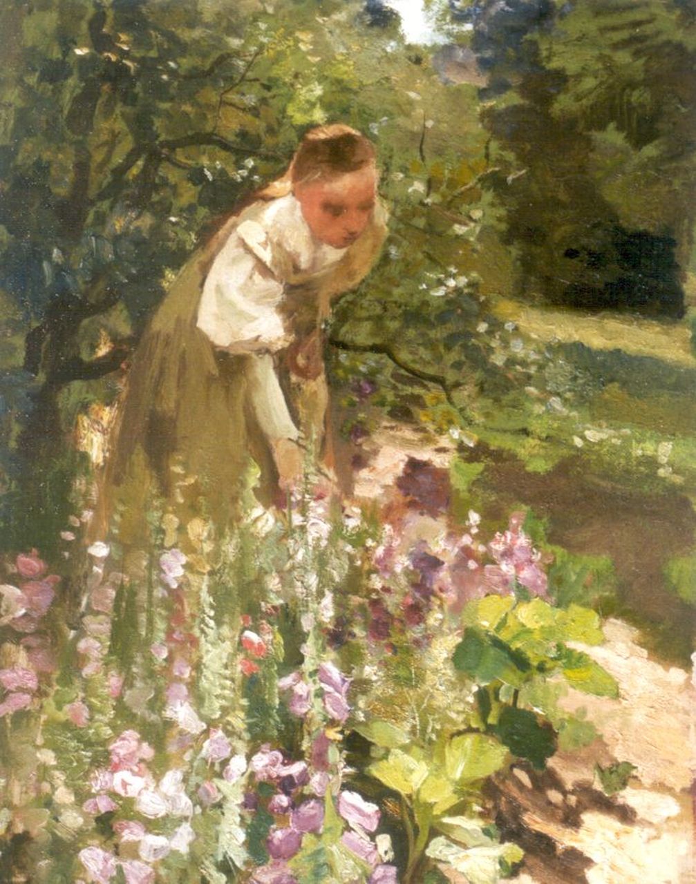 Neuhuys J.A.  | Johannes 'Albert' Neuhuys, Young woman working in the garden, oil on canvas 60.2 x 46.0 cm, signed l.r. with studiostamp