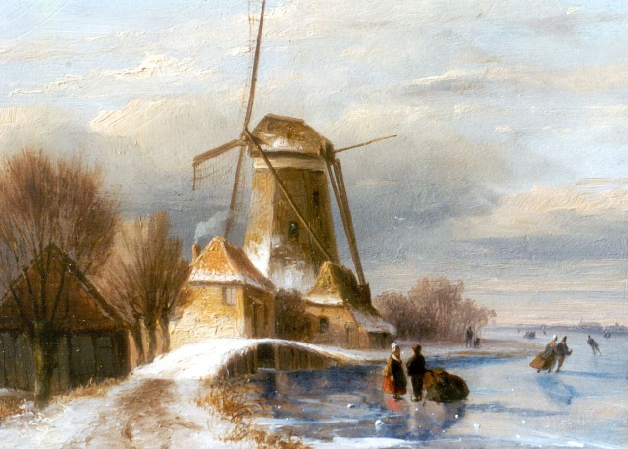 Roosenboom N.J.  | Nicolaas Johannes Roosenboom, Skaters on the ice by a windmill, oil on panel 14.5 x 19.2 cm, signed l.l.