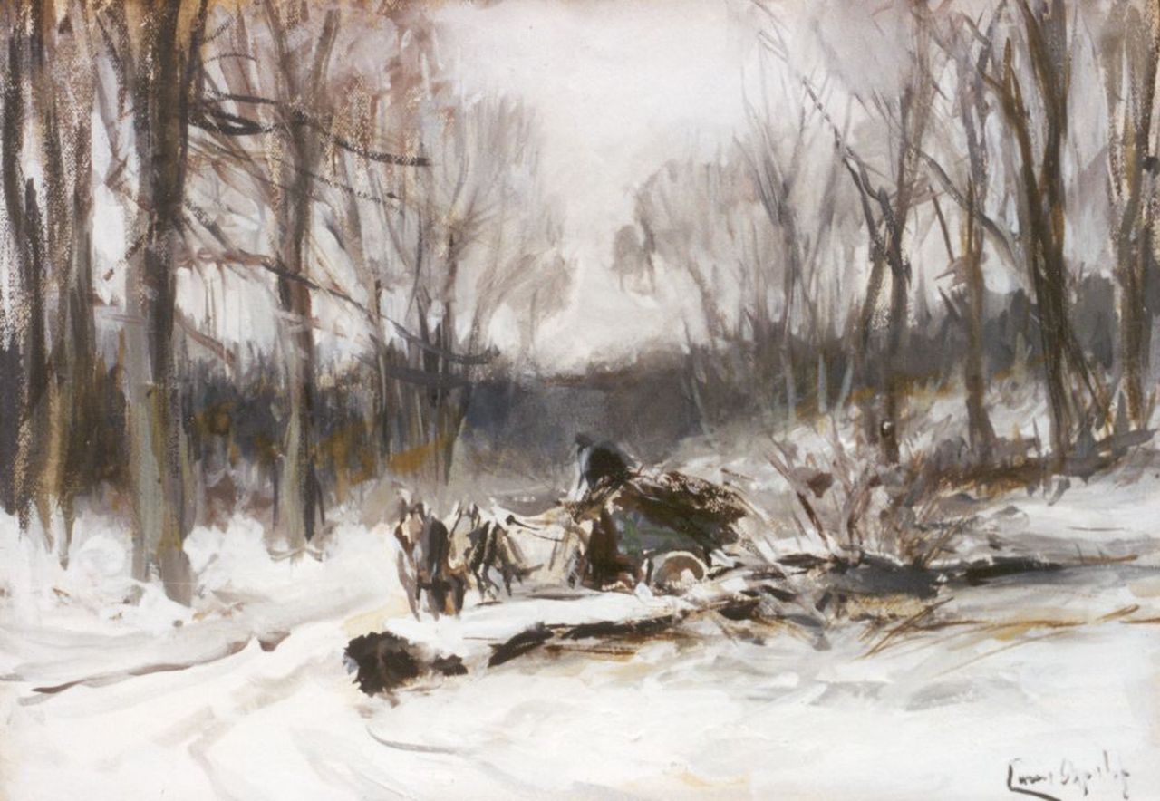 Apol L.F.H.  | Lodewijk Franciscus Hendrik 'Louis' Apol, Gathering wood in winter, watercolour and gouache on paper 16.9 x 24.3 cm, signed l.r.