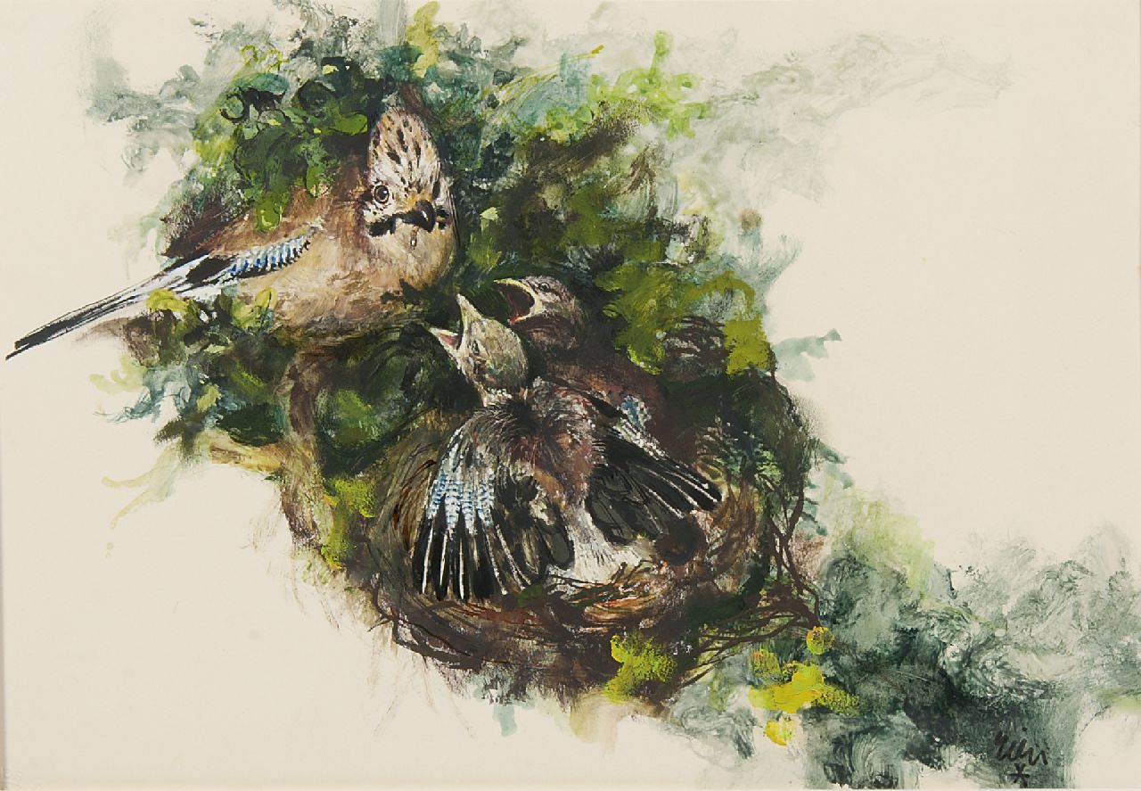 Poortvliet R.  | Rien Poortvliet, A Jay feeding it's young, ink, watercolour and gouache on paper 24.0 x 34.0 cm, signed l.r.