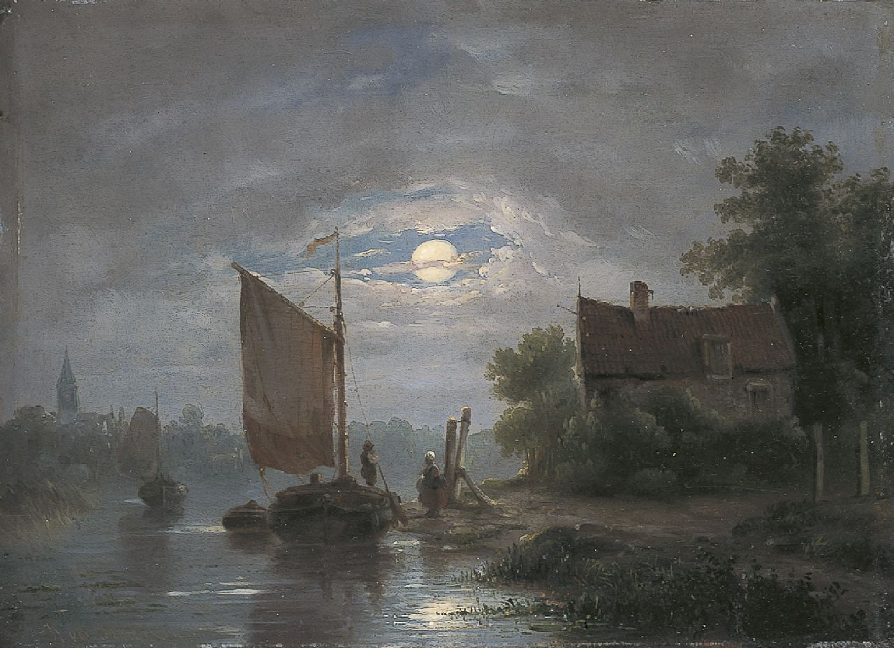 Stok J. van der | Jacobus van der Stok, A moonlit river landscape, oil on panel 18.3 x 25.0 cm, signed l.l.