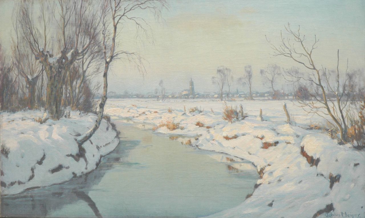 Meijer J.  | Johannes 'Johan' Meijer, Zonnige winterdag bij Blaricum, oil on canvas 61.4 x 101.1 cm, gesigneerd rechtsonder en verso