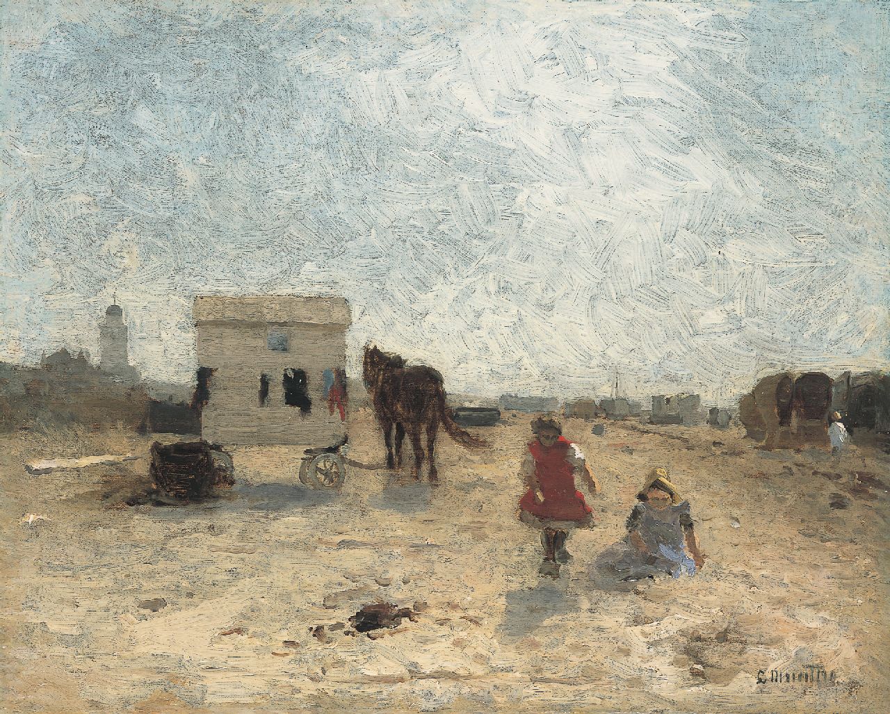 Munthe L.  | Ludwig Munthe, Children playing on the beach, Katwijk, oil on canvas 31.5 x 39.1 cm, signed l.r.