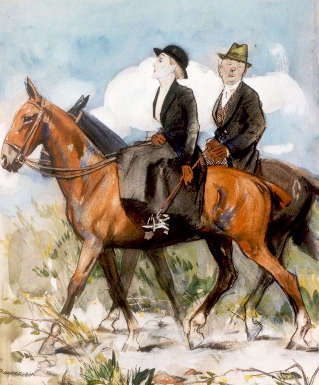 Hem P. van der | Pieter 'Piet' van der Hem, Horse lovers, black chalk, watercolour and gouache on paper 45.5 x 37.0 cm, signed l.l.