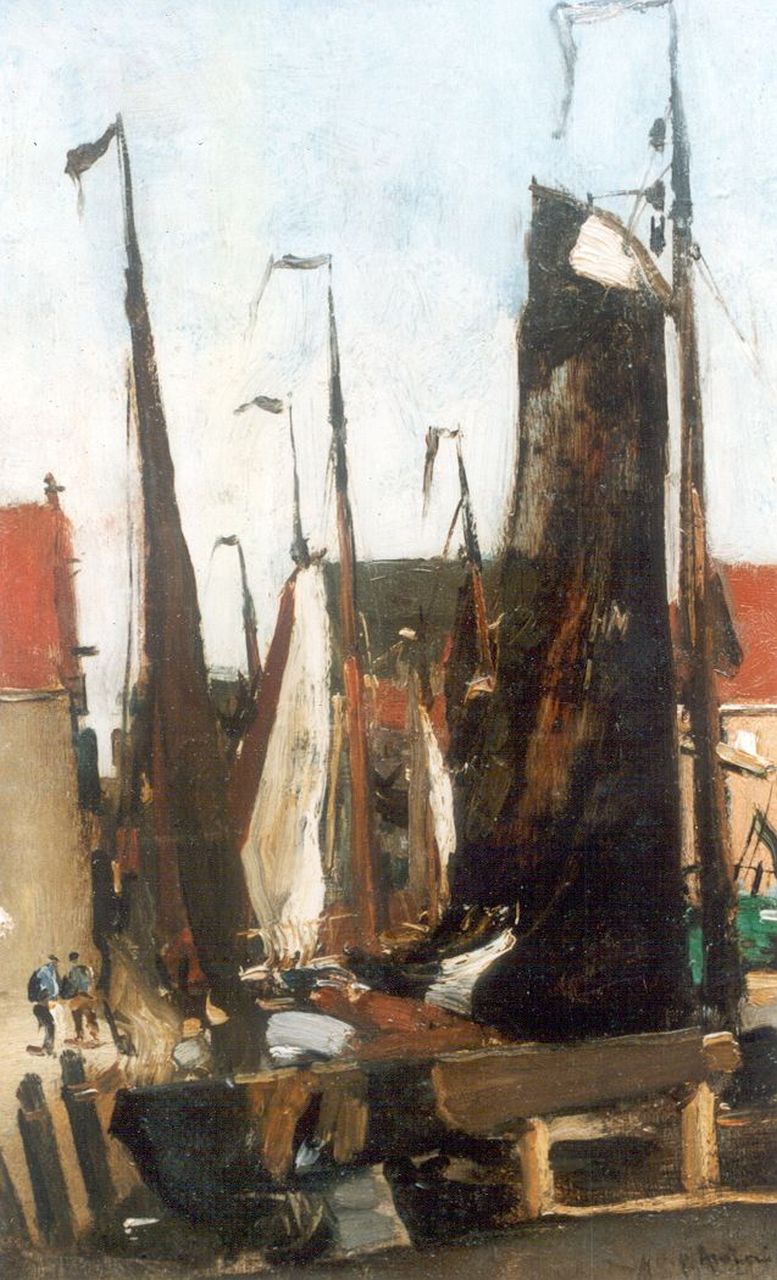 Arntzenius P.F.N.J.  | Pieter Florentius Nicolaas Jacobus 'Floris' Arntzenius, Sailing vessels in the harbour, Scheveningen, oil on panel 34.5 x 22.0 cm, signed l.r.