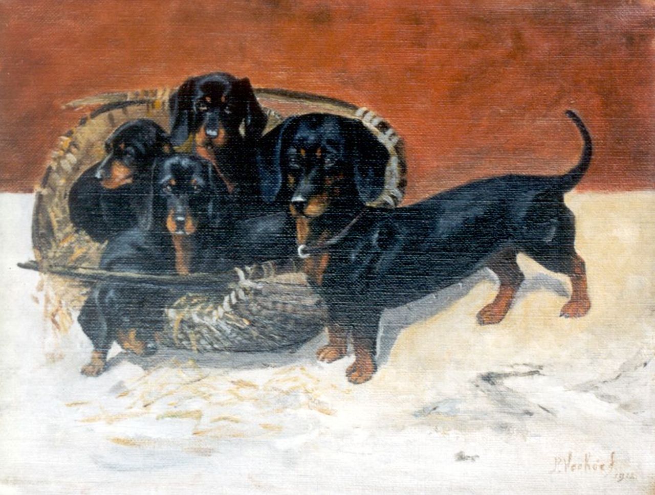 Verhoeff P.  | Pieter Verhoeff, Teckel with puppies, oil on canvas 22.2 x 29.1 cm, signed l.r. and dated 1912