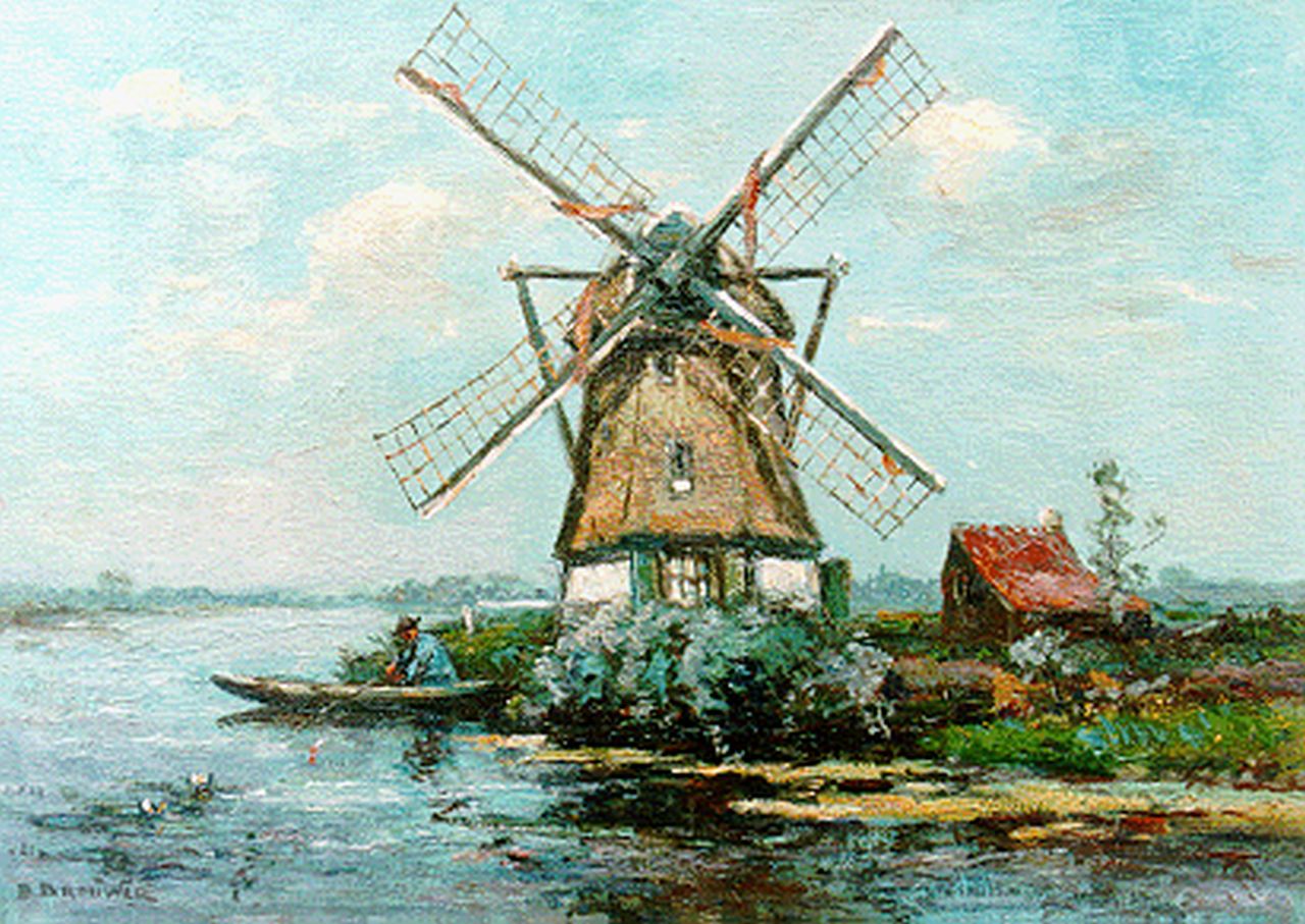 Brouwer B.J.  | Berend Jan 'Barend' Brouwer, A windmill in a landscape, Veenpolder Voorburg, oil on canvas 25.3 x 35.0 cm, signed l.l. and dated 1925?