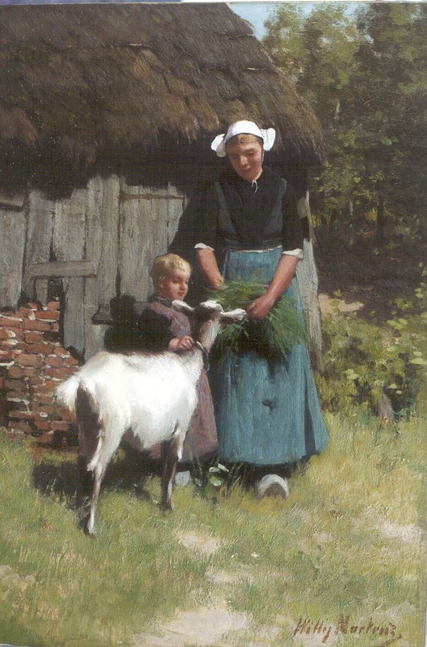 Martens W.  | Willem 'Willy' Martens, Feeding the goat, oil on canvas 65.3 x 46.1 cm, signed l.r.
