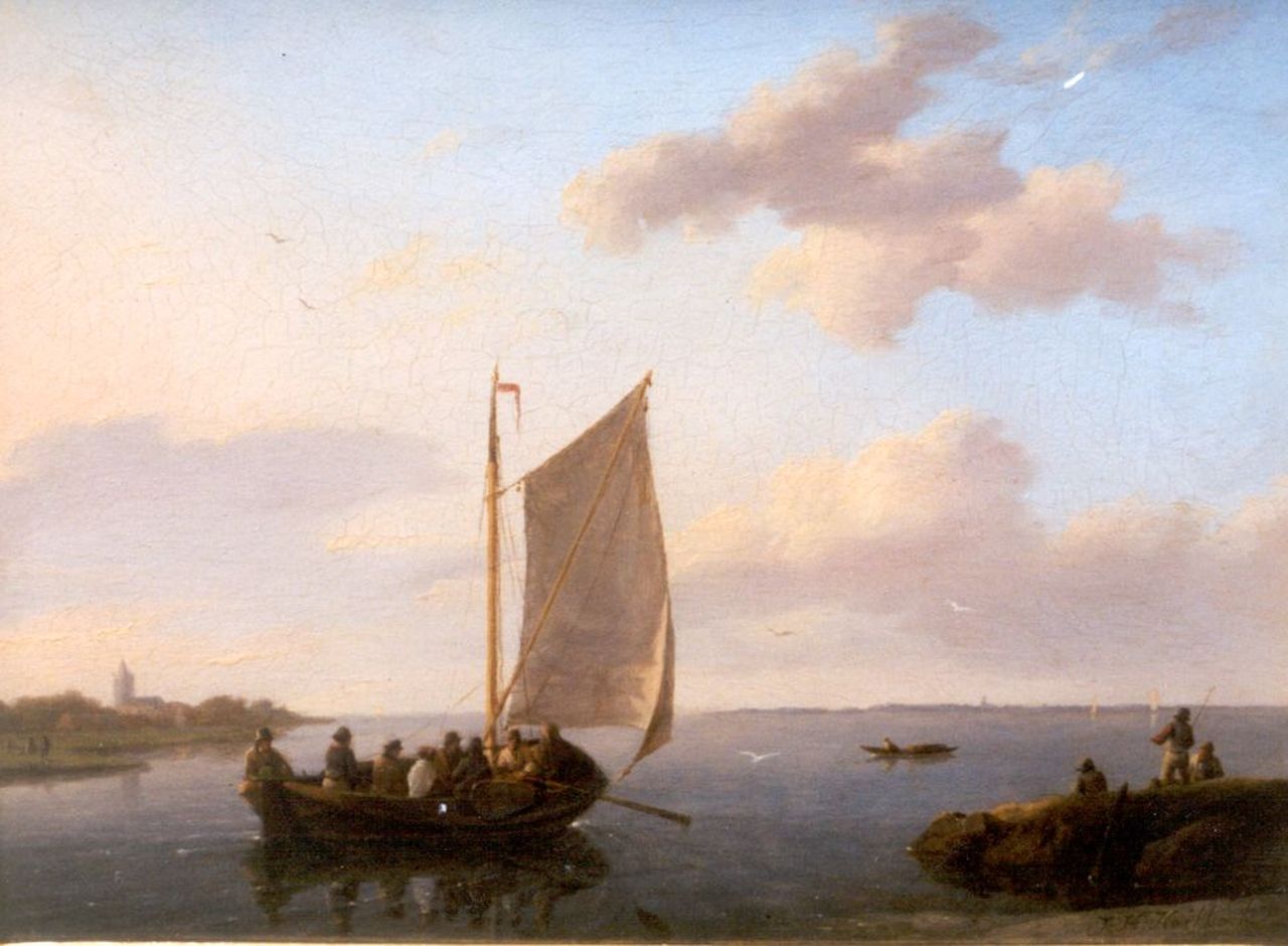 Koekkoek J.H.  | Johannes Hermanus Koekkoek, A ferry in a calm, oil on panel 15.7 x 20.9 cm, signed l.r.