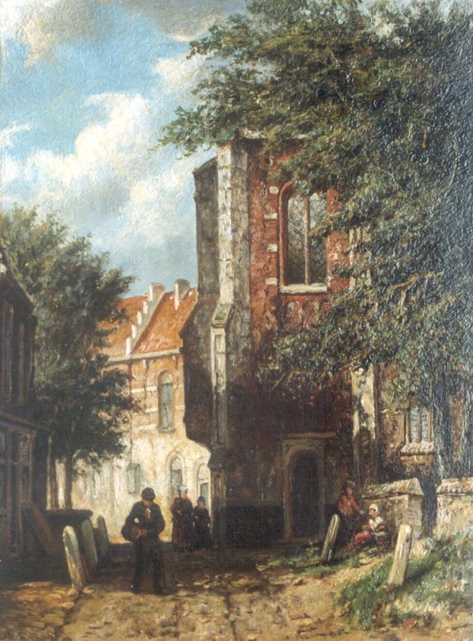 Mittertreiner J.J.  | Johannes Jacobus Mittertreiner, A sunlit street, oil on panel 26.5 x 20.2 cm, signed l.r. with initials